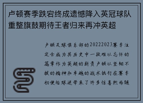 卢顿赛季跌宕终成遗憾降入英冠球队重整旗鼓期待王者归来再冲英超 卢顿赛季跌宕终成遗憾降入英冠球队重整旗鼓期待王者归来再冲英超